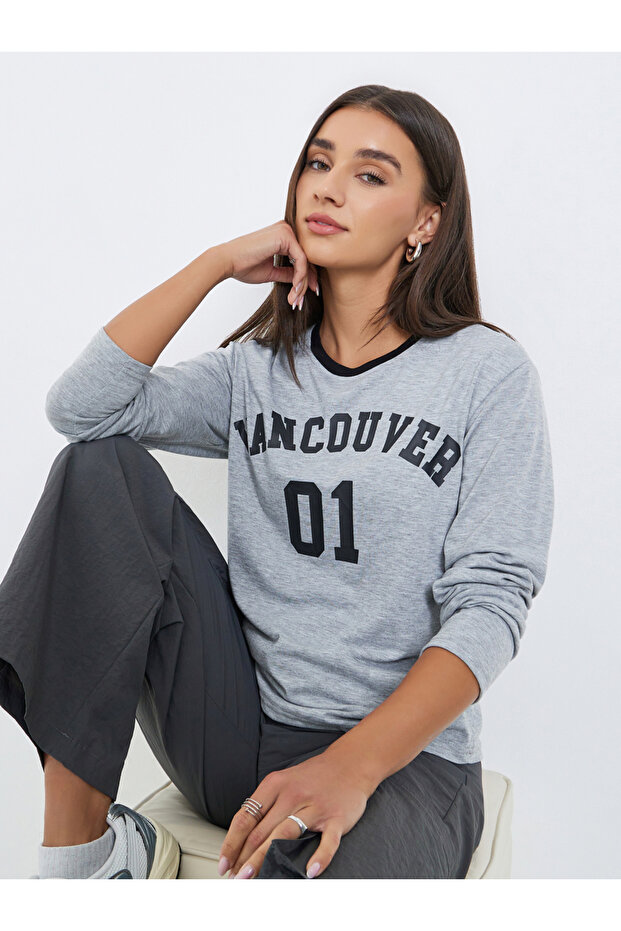 Grey Slogan Print Long Sleeve T-Shirt