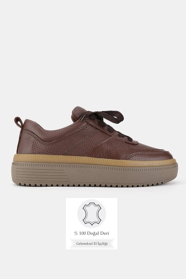 Women's Brown Genuine Natural Leather Size 36-41 Lace-Up Sneaker Shoes
