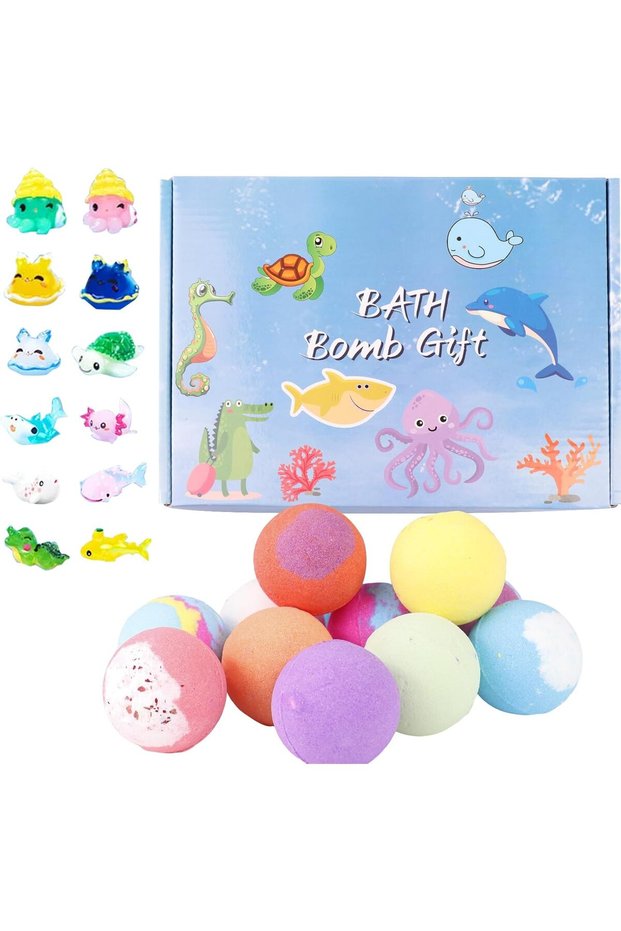 Bath Bombs for Kids with Toys Inside, 12 PC Gift Set with Sea Animals, Safe Natural & NON-TOXIC