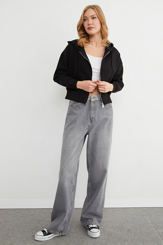 Basic Fermuarlı Kapüşonlu Crop Sweatshirt - 2