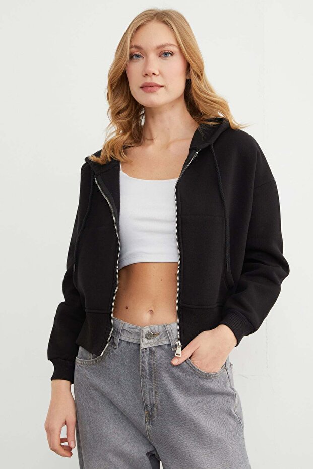 Basic Fermuarlı Kapüşonlu Crop Sweatshirt - 1