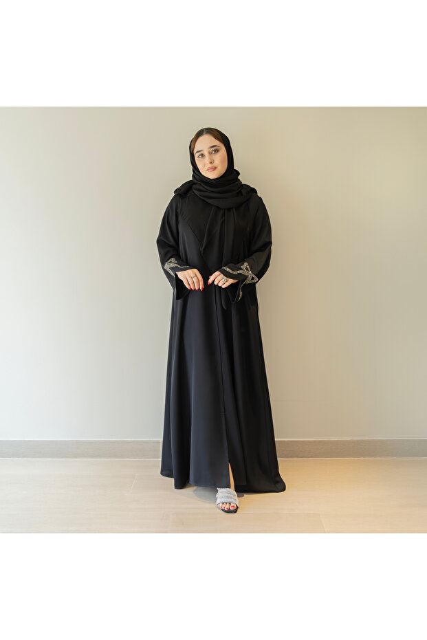 Luxury Black Abaya for Women – Buttoned Front, Wide Flowing Sleeves with Stone Bow Detailing