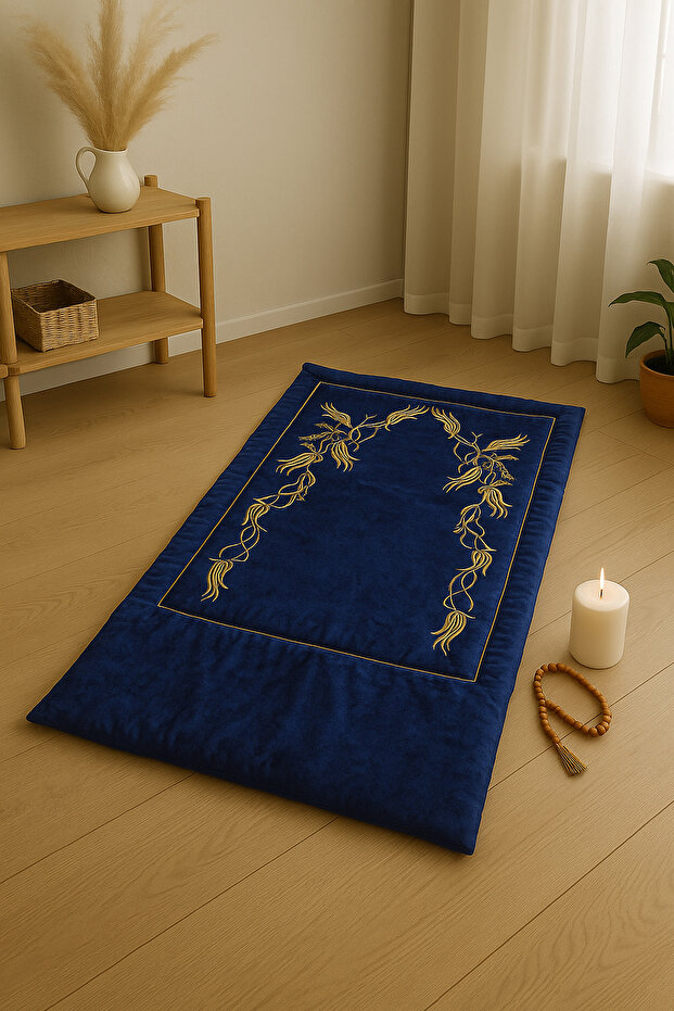 Sahara Blue Velvet Prayer Rug with Embroidery, Soft Sponge, Gift Dowry Bundle, Luxury Prayer Mat