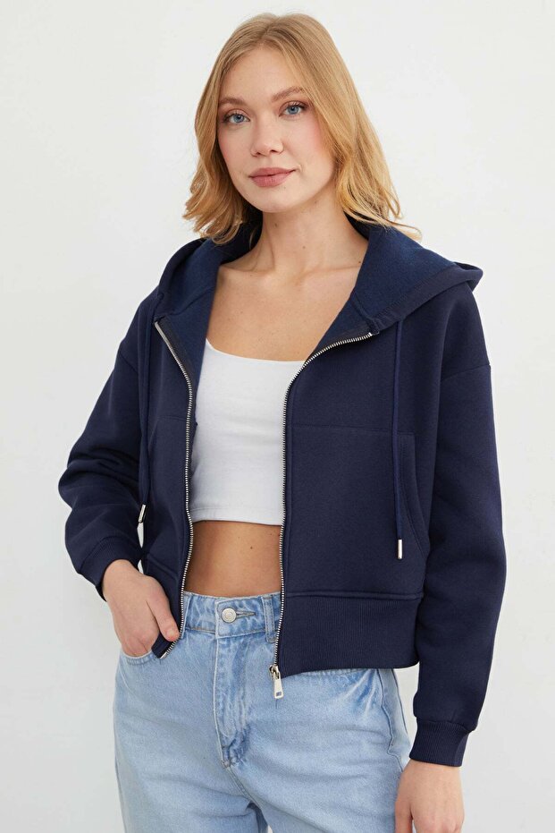 Basic Fermuarlı Kapüşonlu Crop Sweatshirt - 1