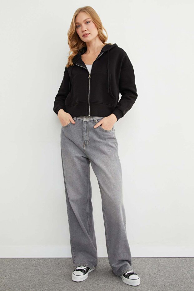 Basic Fermuarlı Kapüşonlu Crop Sweatshirt - 7