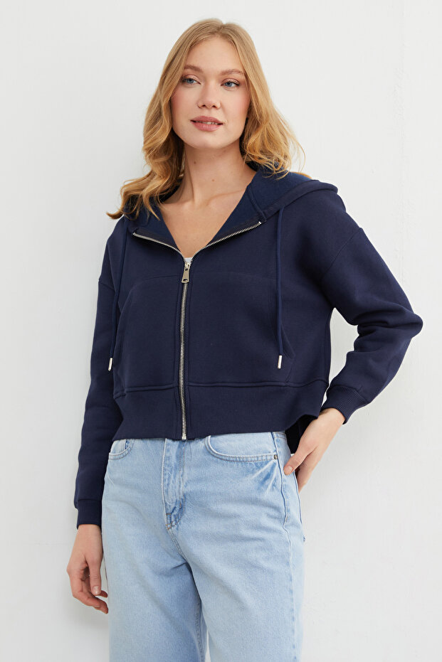 Basic Fermuarlı Kapüşonlu Crop Sweatshirt - 5