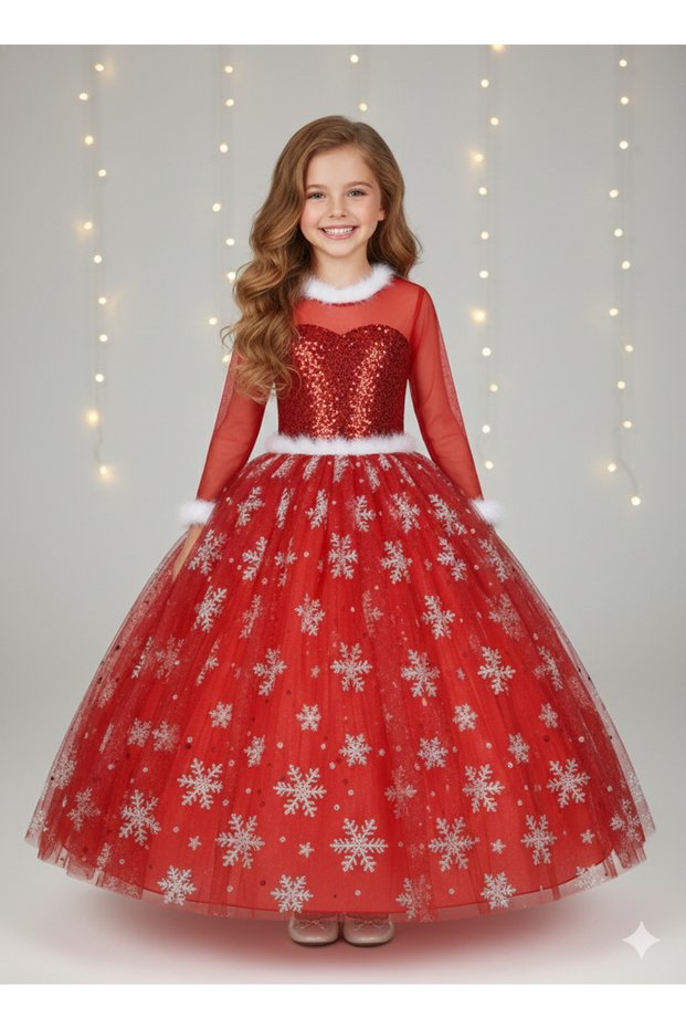 5-6 Years Old - Long Sleeve Sequin Glitter Red Snowflake Frozen Christmas Ball Costume Dress