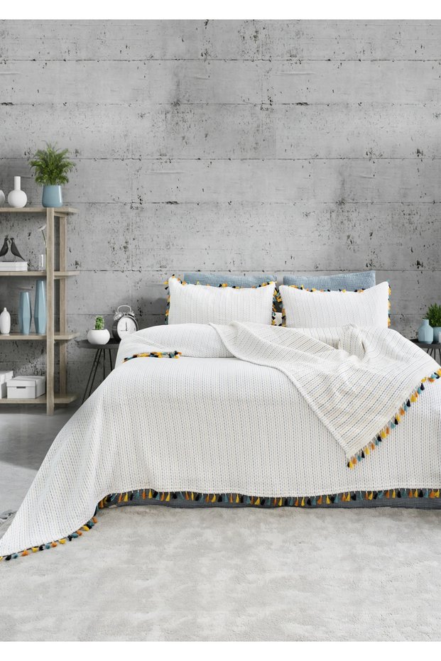 Clarita Jacquard Bedspread Set – Boho Colorful Tassel Detail, 100% Cotton Jacquard Woven 240X260 cm