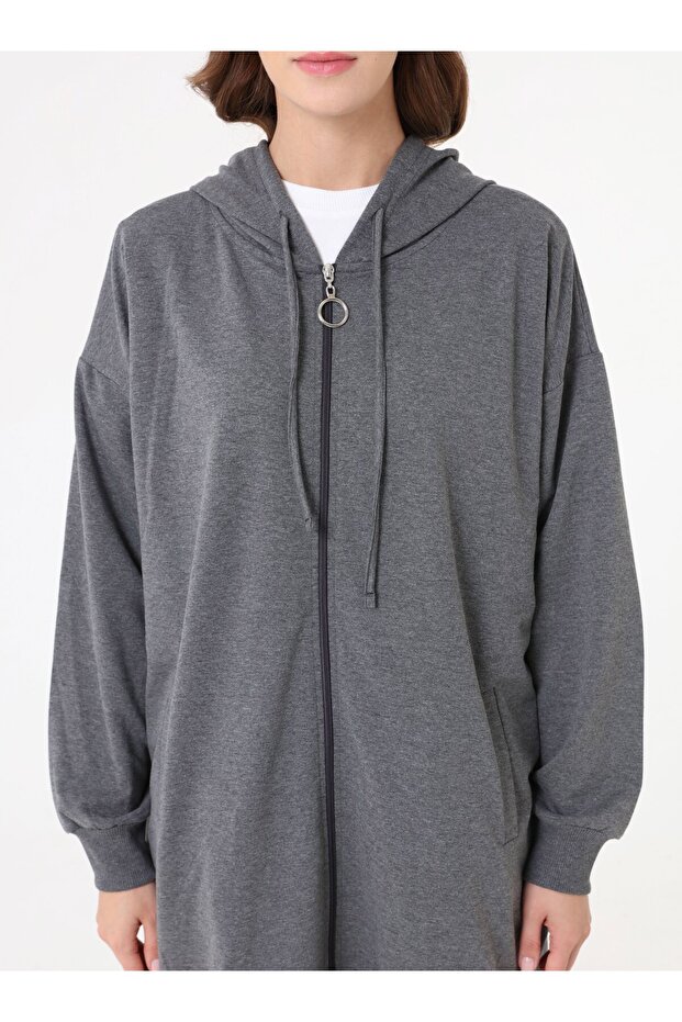 Basic Fermuarlı Kapüşonlu Sweatshirt - Gri Melanj - - 3