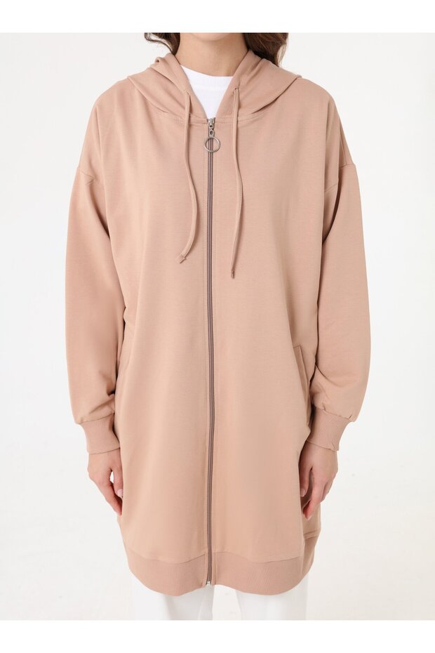 Basic Fermuarlı Kapüşonlu Sweatshirt - Koyu Krem - - 3