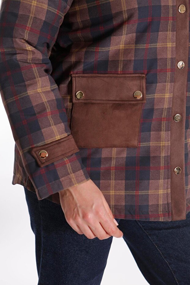 Trend42Plus Plus Size Plaid Patterned Brown Coat with Snap Buttons - 3