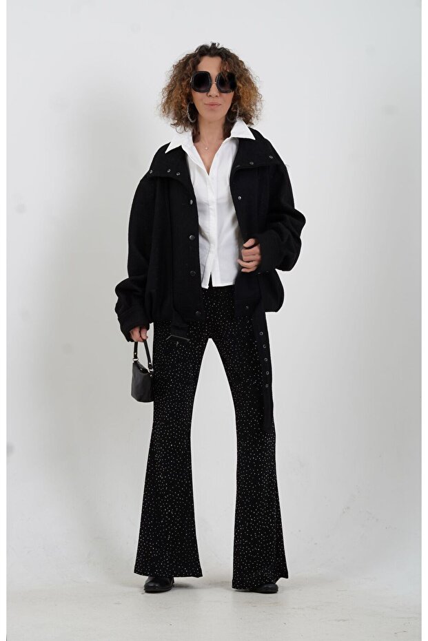 Black Glitter Silver Droplet Elastic Waist Trousers