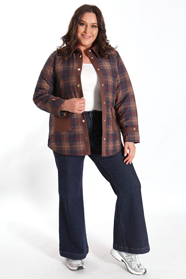Trend42Plus Plus Size Plaid Patterned Brown Coat with Snap Buttons - 4