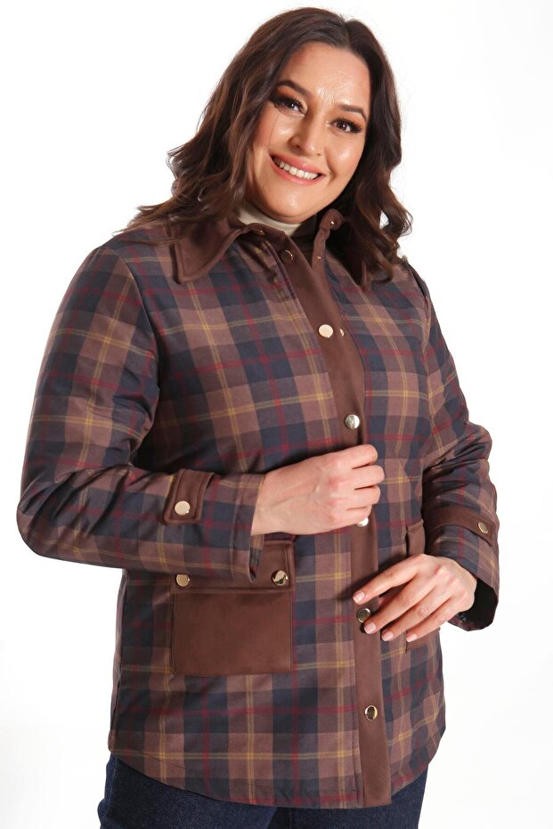 Trend42Plus Plus Size Plaid Patterned Brown Coat with Snap Buttons - 5