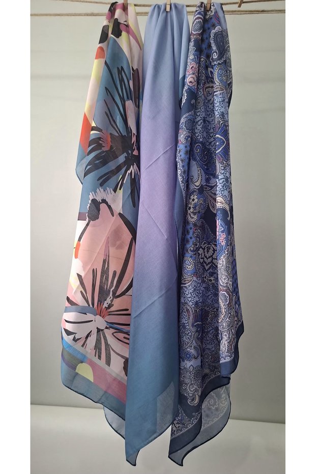 Soft Luxury Scarf Set of 3 – Floral & Ethnic & Plain Mix 100X100 (with Bone Gift)