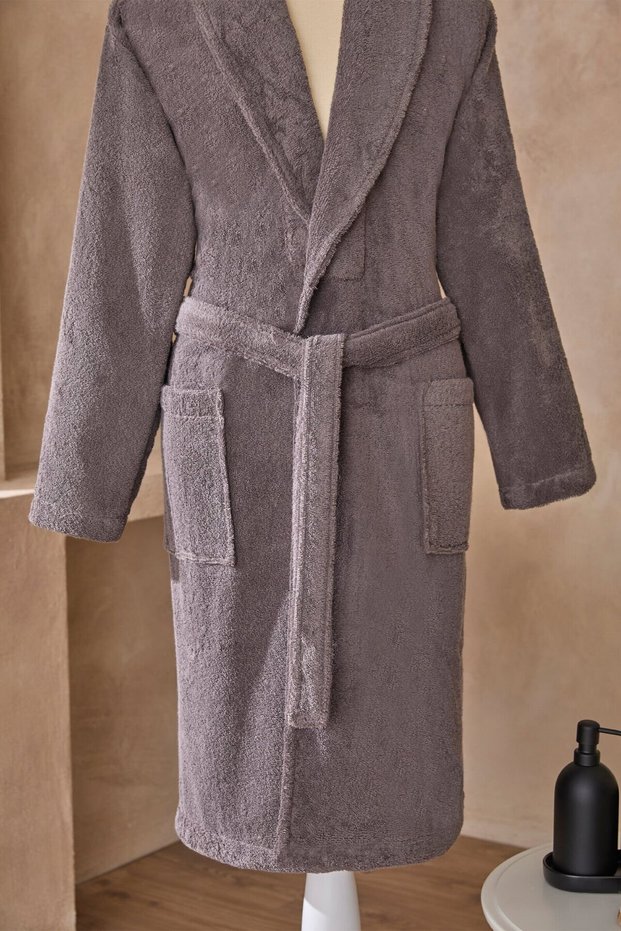 Colourist Anthracite-Dark Gray Color Color Shawl Collar Bathrobe XXL Size 100% Cotton