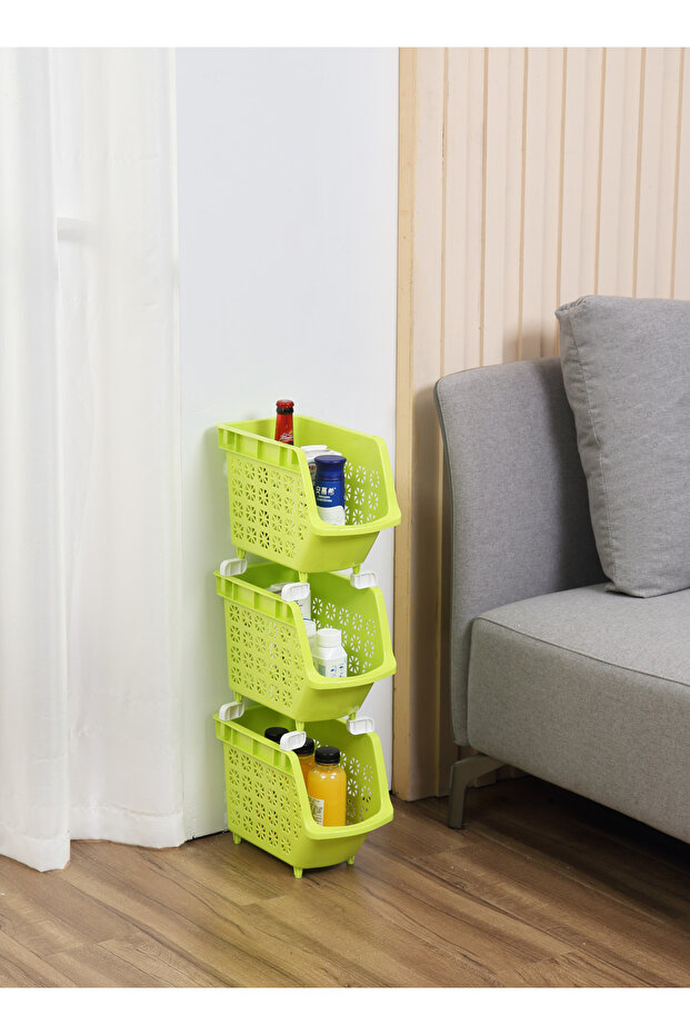 رف تخزين أخضر بثلاث طبقات - رف متعدد الأغراض قابل للتكديس - 2