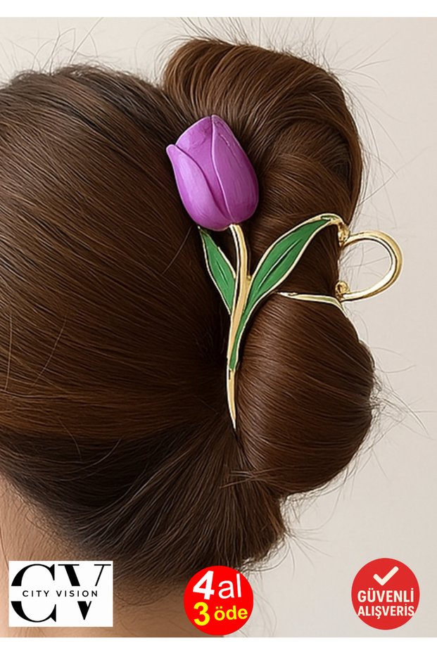 Purple Tulip Model Hair Clip – Elegant Floral Metal Clasp 11 cm