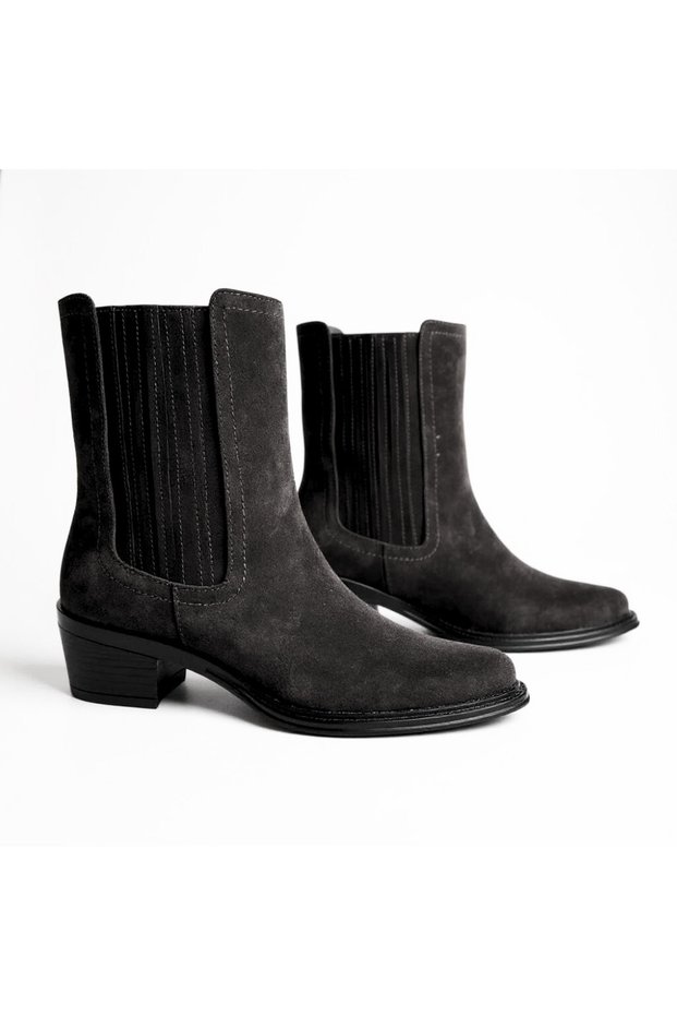 Black Suede Genuine Leather Women's Western Boots with Elastic on Two Sides