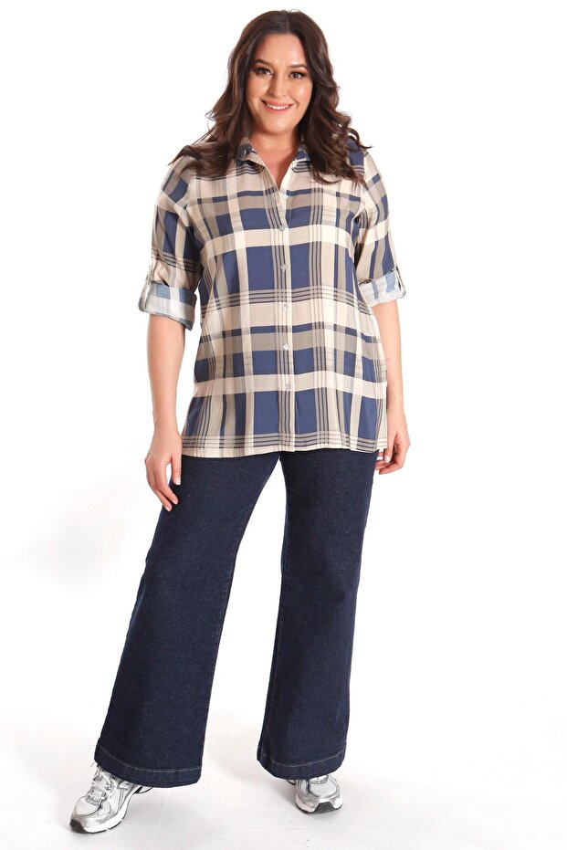 Plus Size Plaid Patterned Indigo Shirt - 2