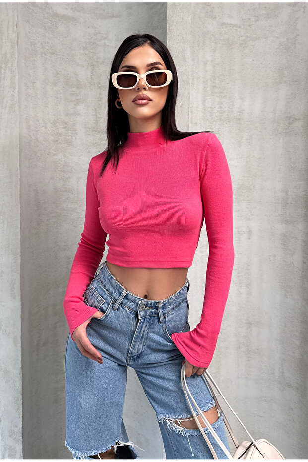 Half Fishing Collar Buttoned Long Sleeve Blouse Ribbed Knit Op Bluz