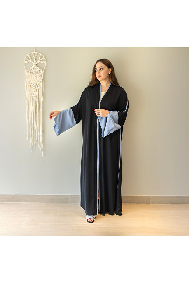 Two-Tone Abaya for Women – Classic Black with Contrast Soft Blue Sleeves