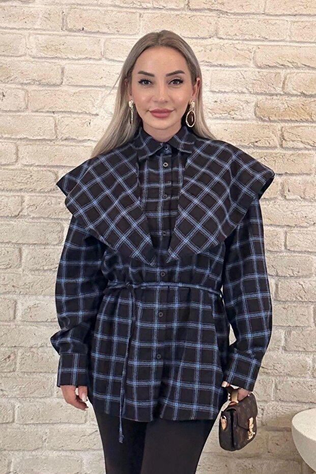 Navy Blue Plaid Women's Shirt with Shawl Detail