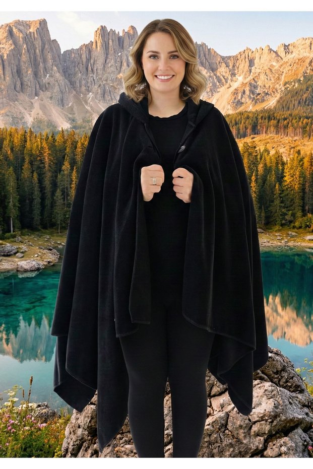 Black Warm Anti-Pilling Fleece Hooded Unisex Outdoor Camper Poncho Winter Buttoned Shawl