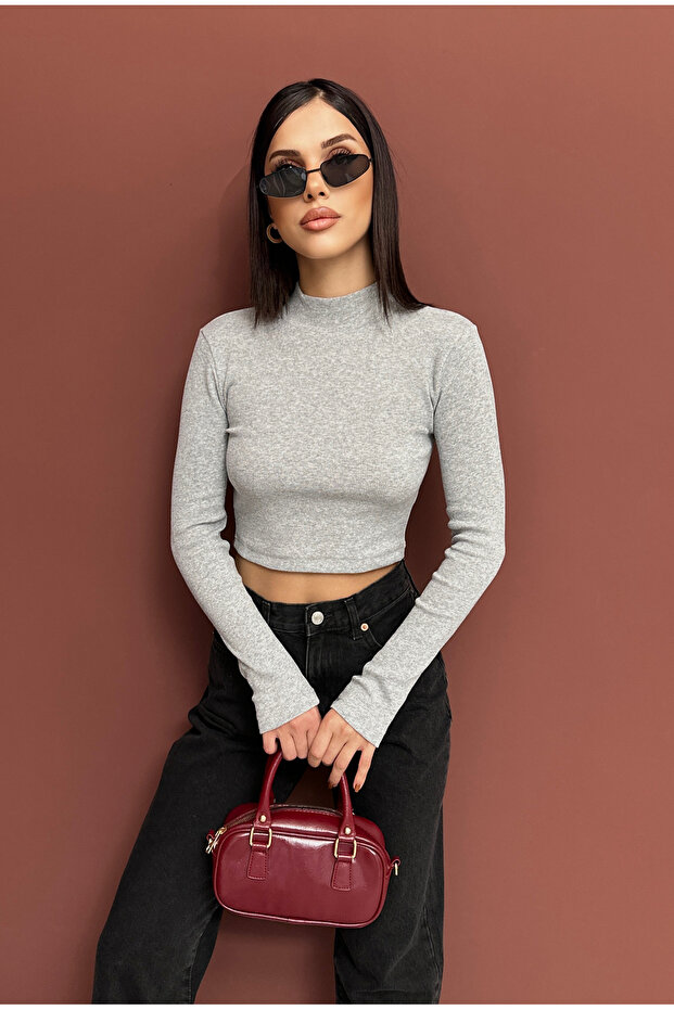 Half Fishing Collar Buttoned Long Sleeve Blouse Ribbed Knit Op Bluz