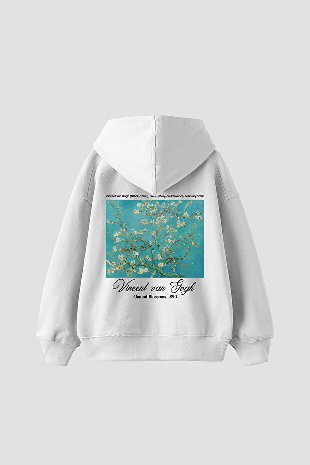 هوديي لون أبيض للجنسين من Almond Blossoms مطبوع قصة فضفاضة