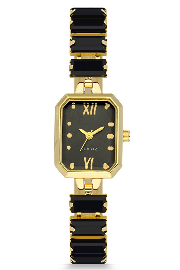 Gold Color Black Baguette Stone Wristwatch Ps4168