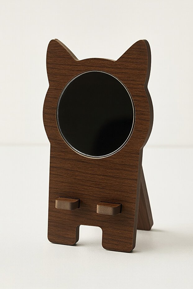 Cat Shaped Mirror Detailed Wooden Phone Stand (Dark Wood)