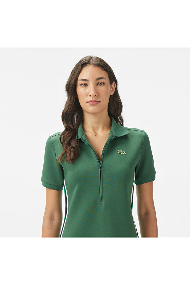 Kadın Classic Fit Kısa Kollu Yarım Fermuarlı Renk Bloklu Koyu Yeşil Elbise - 4