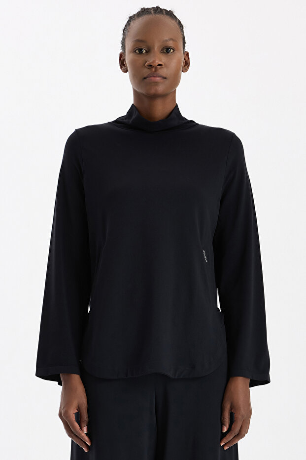 COMEUP Yüksek Yaka Cepli Uzun Kollu Hafif Sweatshirt Siyah