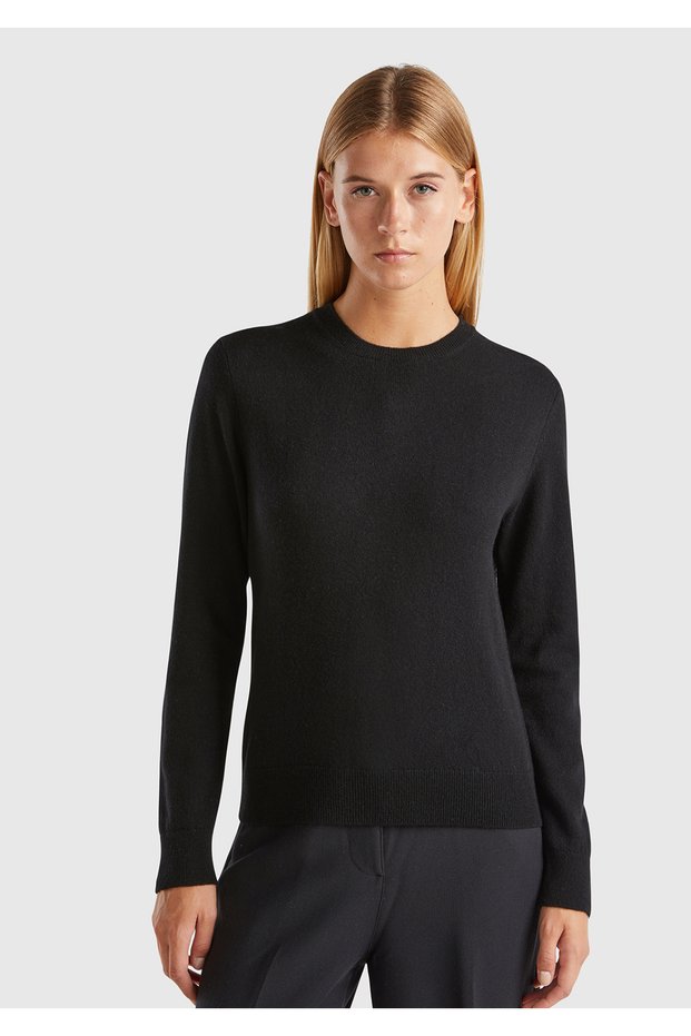 Women's Black 100% Cashmere Crew Neck Plain Sweater