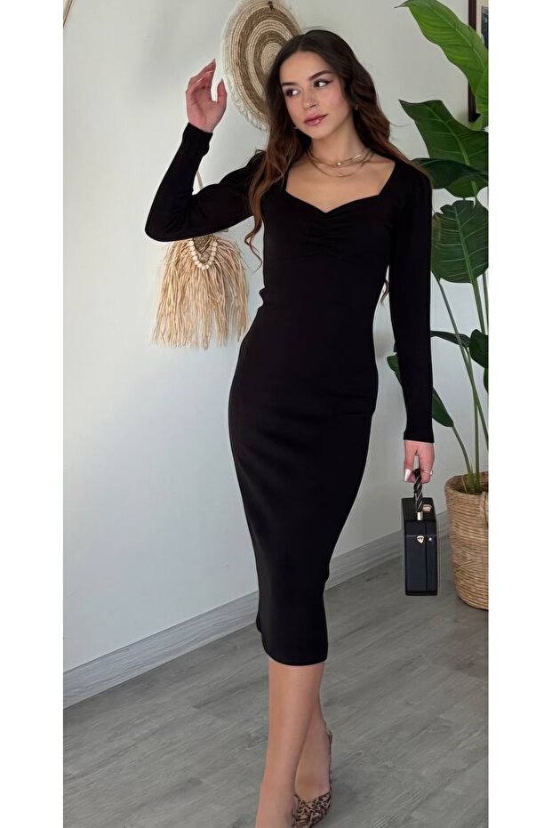 Kalp Yaka Midi Boy Triko Elbise - 2