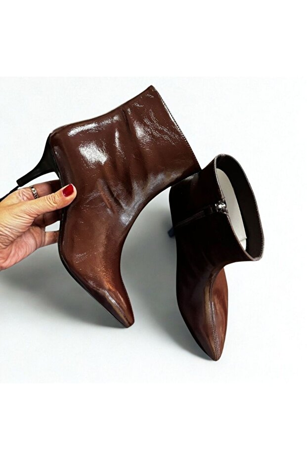 Bitter Brown Wrinkled Patent Leather Pointed Toe Women's Classic Boots