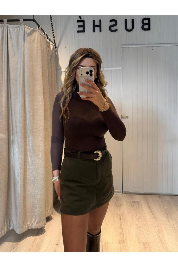 YEŞİL SÜET ŞORT ETEK - 1