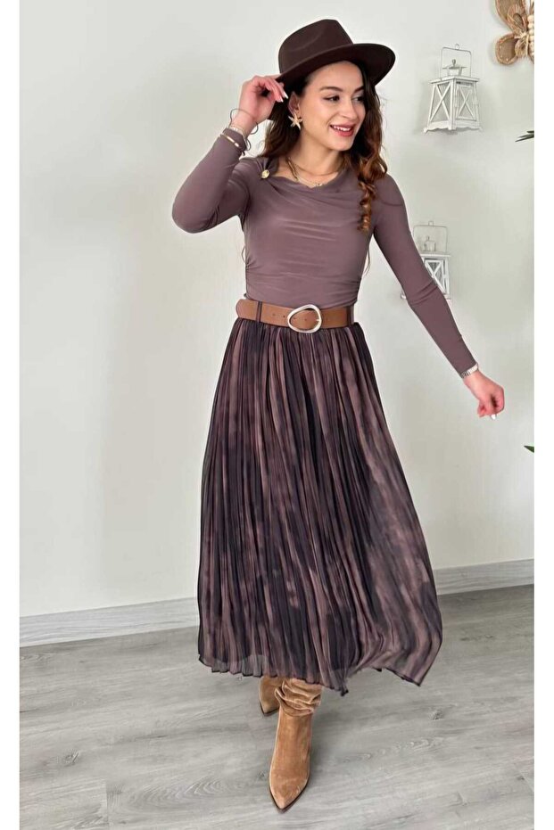 تنورة شيفون مبطنة بنقشة مزخرفة بحزام - 4