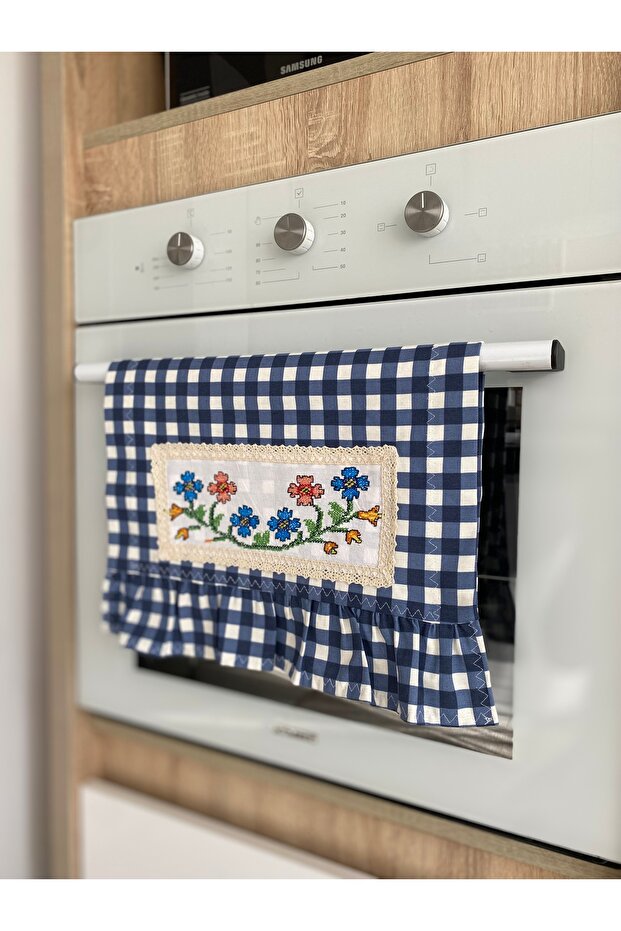 Blue Ruffled Cross-Stitch Detailed Stove Cover (Cross-Stitch Pattern May Vary)