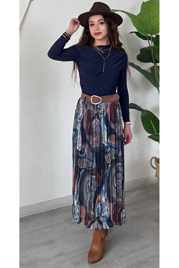 Belted Patterned Lined Chiffon Skirt - 3