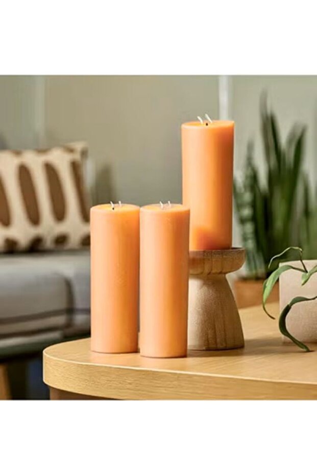 Handmade Set of 2 Pillar Candles with 2 Flame Wicks – Unscented– Size 8 x 25 cm – Peach Orange Color