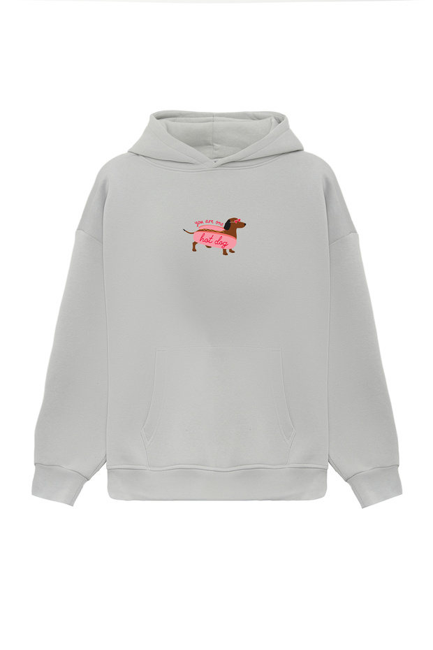 Unisex Hot Dog Printed Oversized Bowl Cut Cotton 3 Thread Ş Fleece-Lined Gray K Hooded Sweatshirt