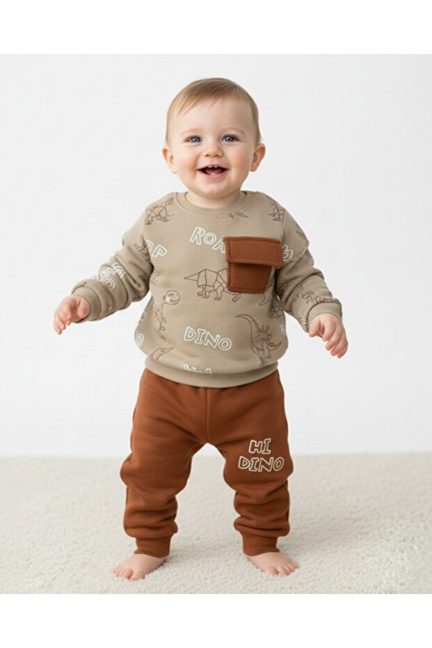 Baby Boy Winter 3-Piece Set Fleece-Lined Dinosaur B Printed 6-9-12-18-24 Months Top and Bottom Tracksuit Set R2387