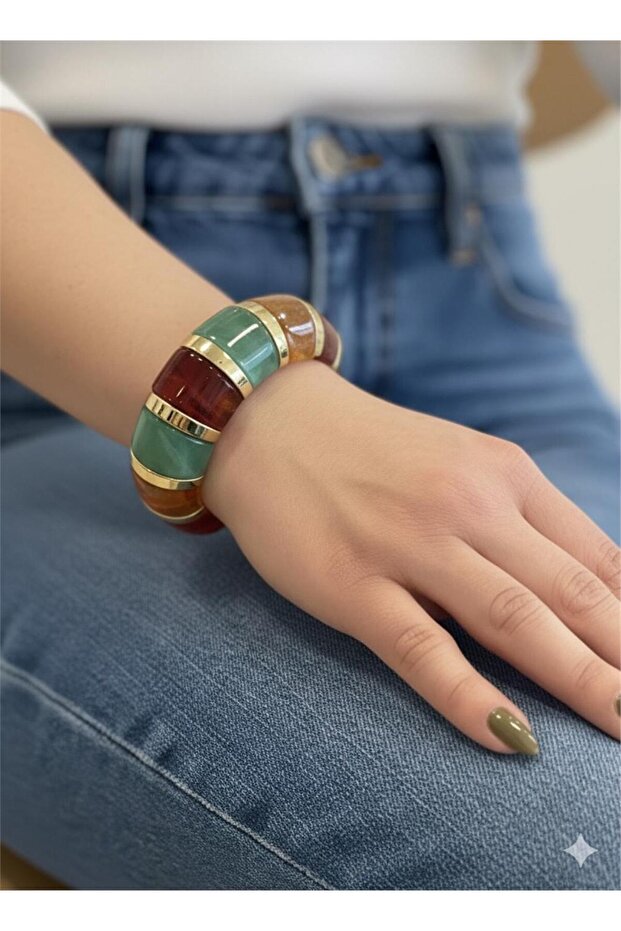 Green and Brown Resin Gold Ring Detailed Bracelet