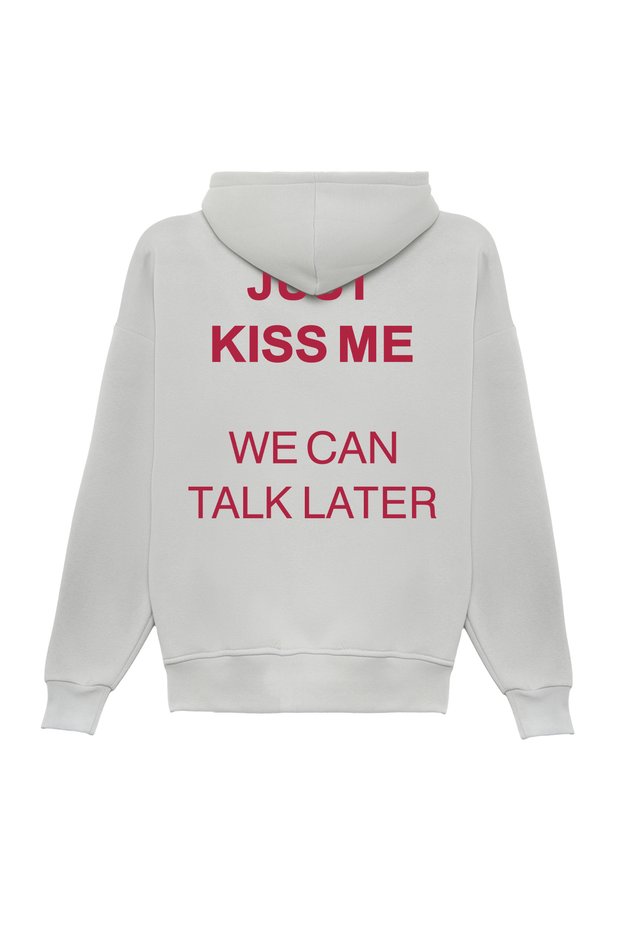 Unisex Just Kiss Me Printed Oversized Bol Cut Cotton 3 Thread Ş Fleece-Lined Gray K Hooded Sweatshirt