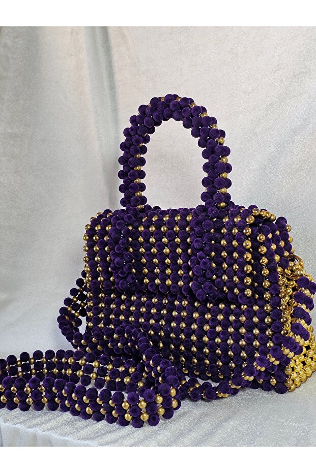Hand Knitted Velvet Textured Beaded Bag - Purple/Gold Chain Evening Bag