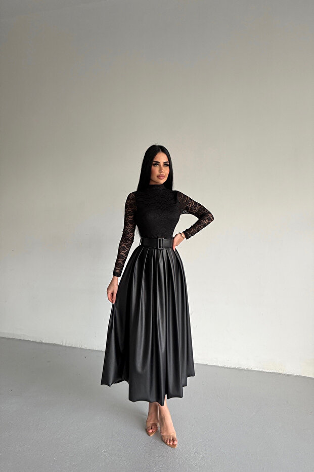 Turtleneck Belted Skirt Leather Laced Black Dress