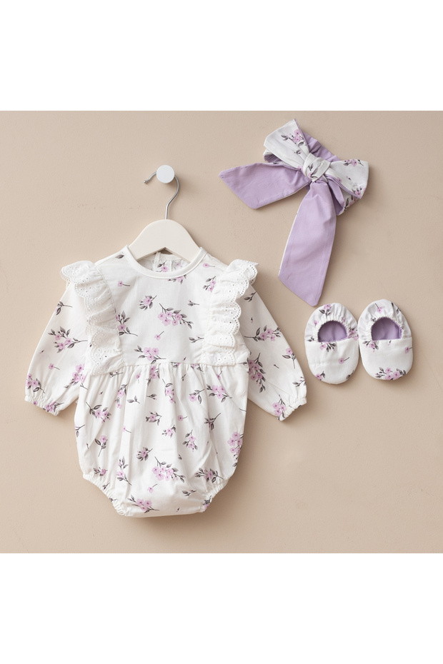 Baby Girl Cotton Romper Newborn Floral Headband and Footed Jumpsuit Set Gift