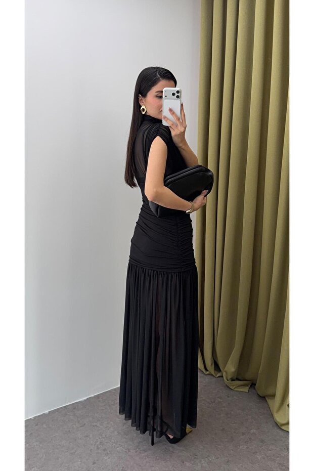 Drapeli Siyah Tül Elbise - 2